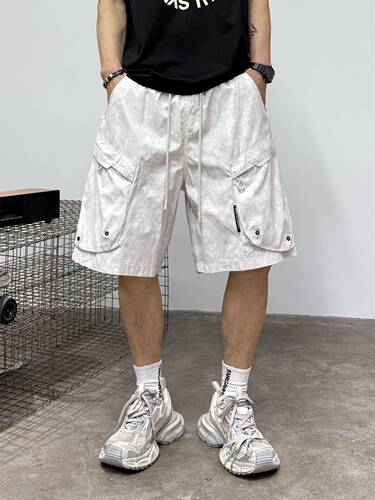 工装短裤男夏季日系扎染潮牌多口袋男装宽松休闲纯色潮流五分裤潮