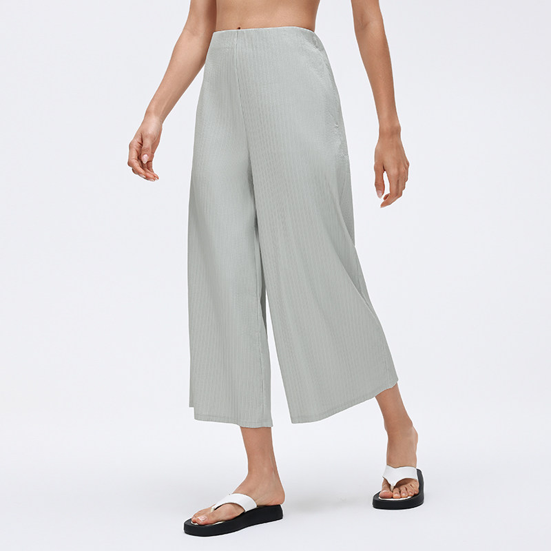 休闲高腰阔腿裤女小个子健身七分裤松紧腰直筒百搭运动裤宽松薄款