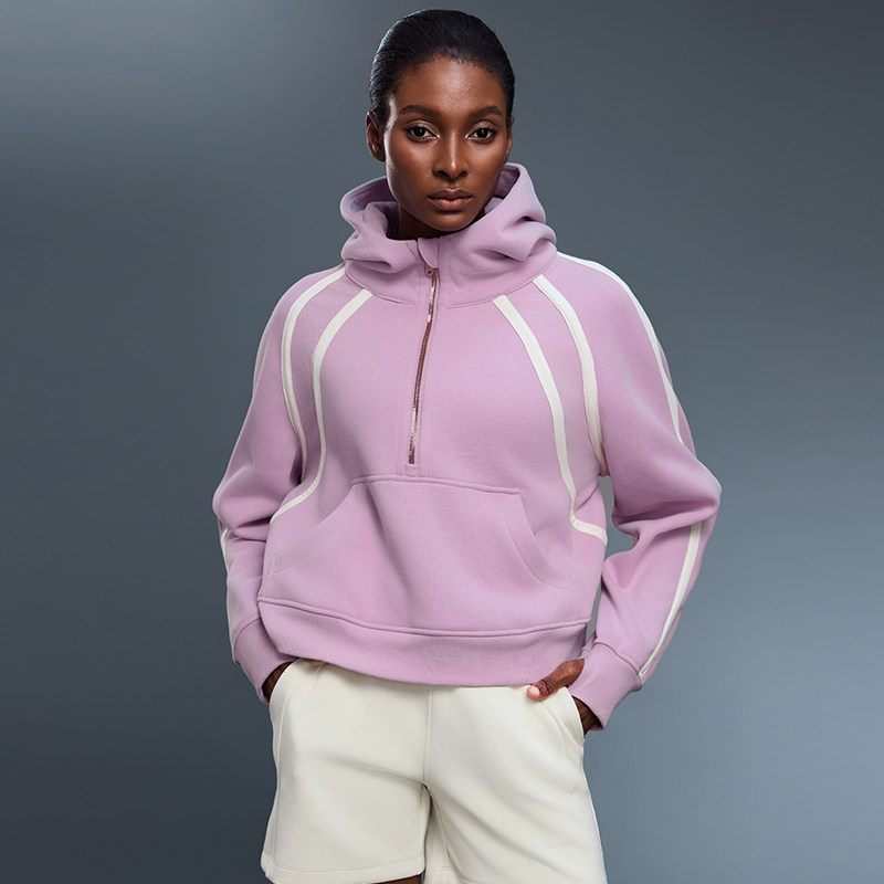 半拉链加绒连帽套头卫衣女士撞色高领保暖百搭宽松运动上衣外套