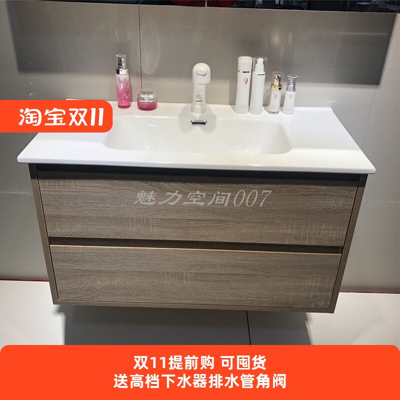 日式挂墙式浴室柜一体陶瓷盆洗脸池多层实木卫浴柜60-120CM