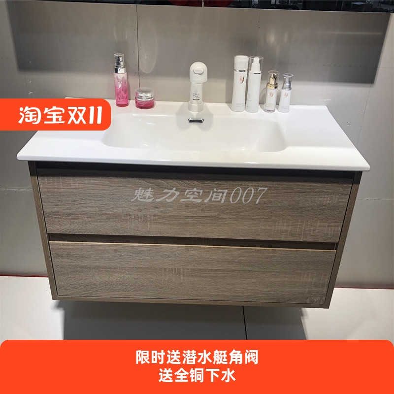 日式挂墙式浴室柜一体陶瓷盆洗脸池多层实木卫浴柜60-120CM