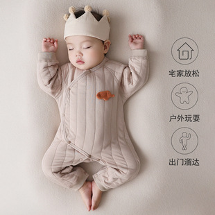 新生儿夹棉连体衣婴儿保暖哈衣男女宝宝家居服带帽爬服打底和尚服