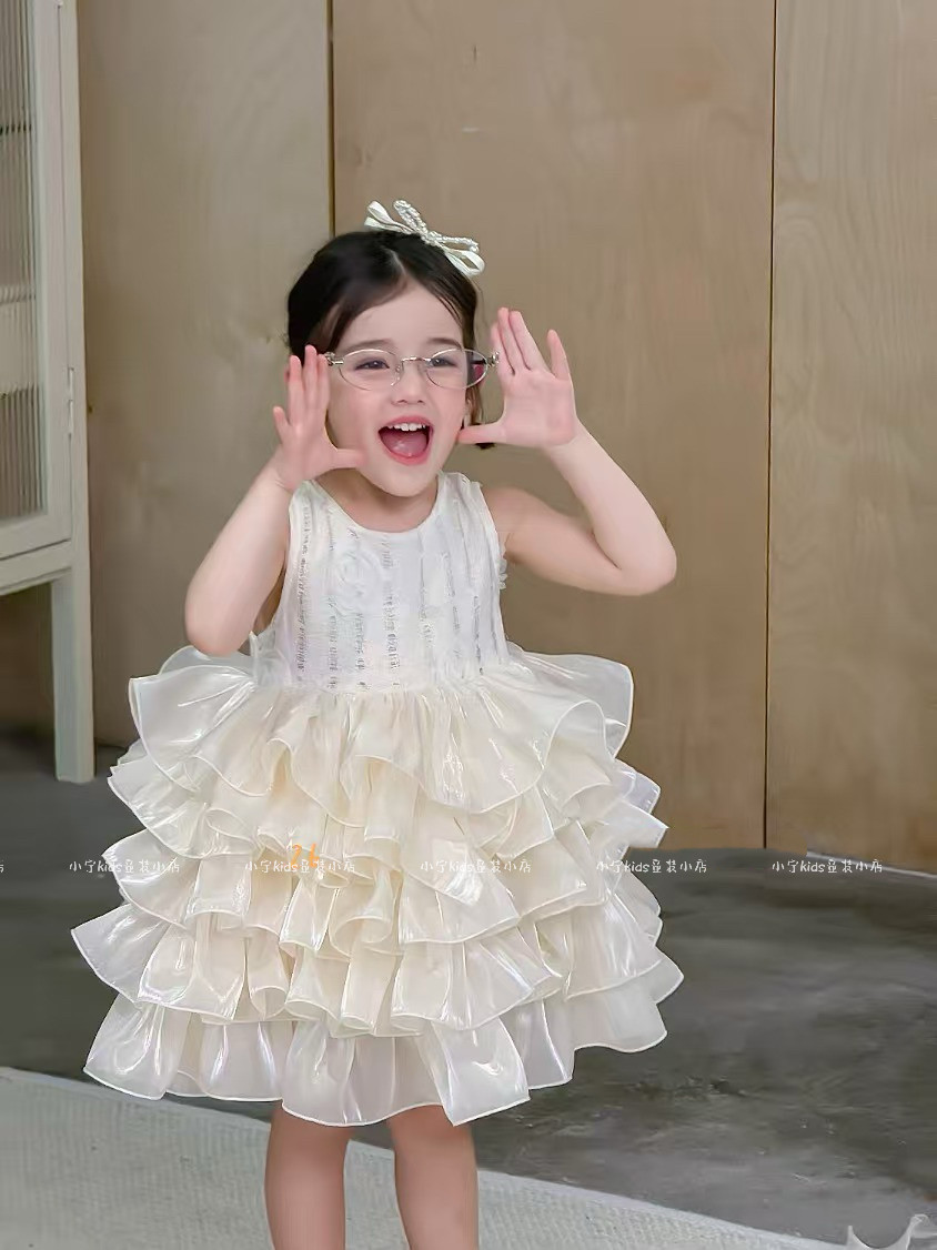 2026夏女童生日公主裙连衣裙网纱水光裙送头纱发夹