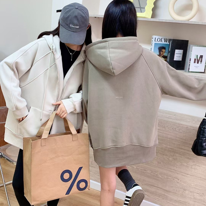 蓝树加绒加厚大版廓形卫衣外套