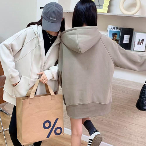 蓝树加绒加厚大版廓形卫衣外套