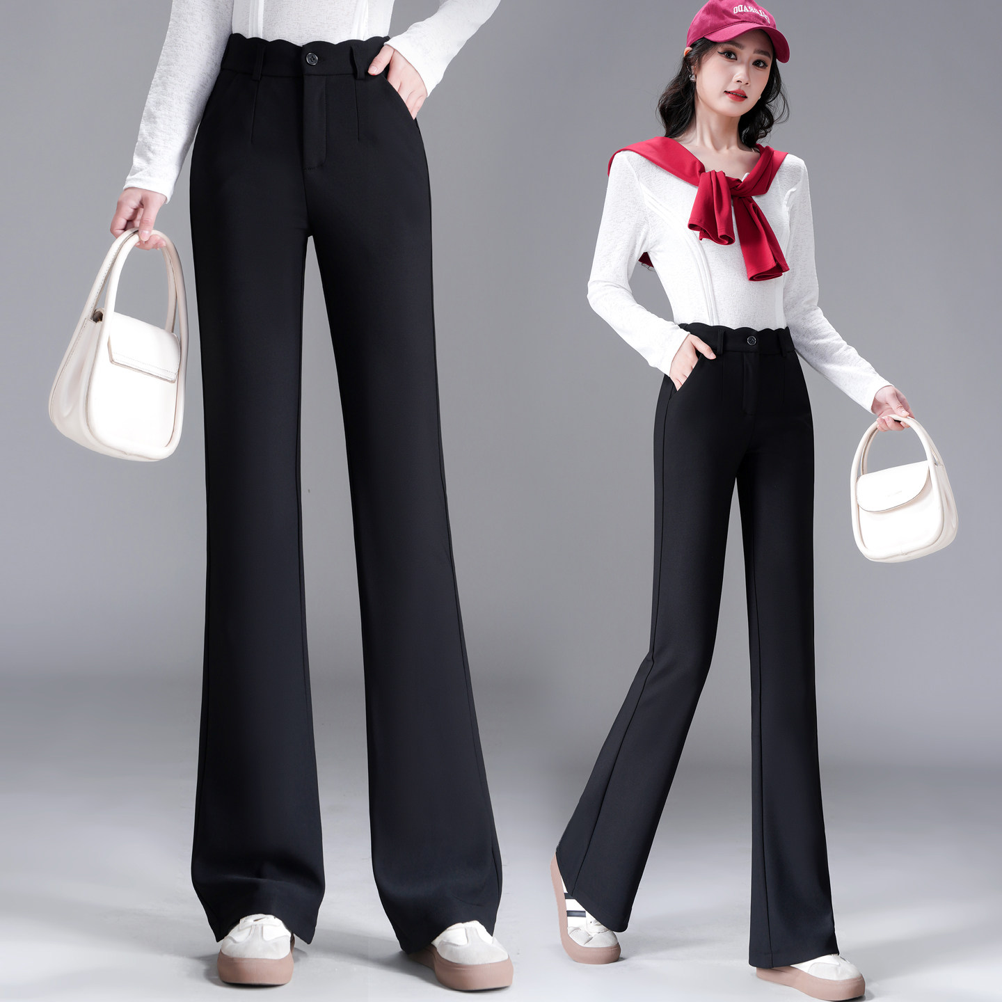 小个子微喇裤女春夏新款花边高腰黑色裤子显瘦百搭西装喇叭裤长裤