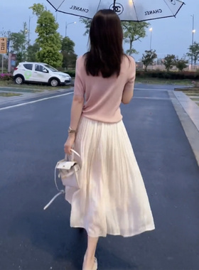 高腰珠光流光纱半身裙女2026新款抽绳针织t恤夏琉璃半裙a字伞裙