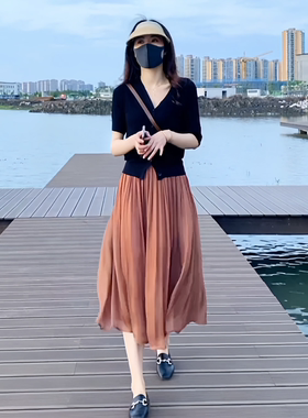 夏季新款气质时尚短袖针织上衣洋气显瘦琉璃纱半身裙套装裙两件套