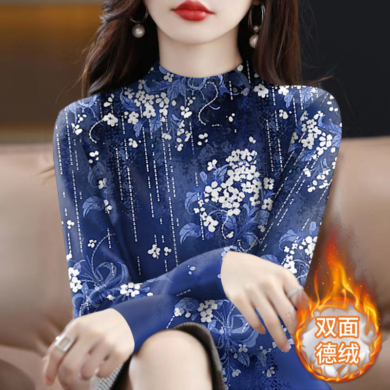 秋上新~德绒半高领妈妈装打底衫女长袖修身时尚印花百搭保暖上衣