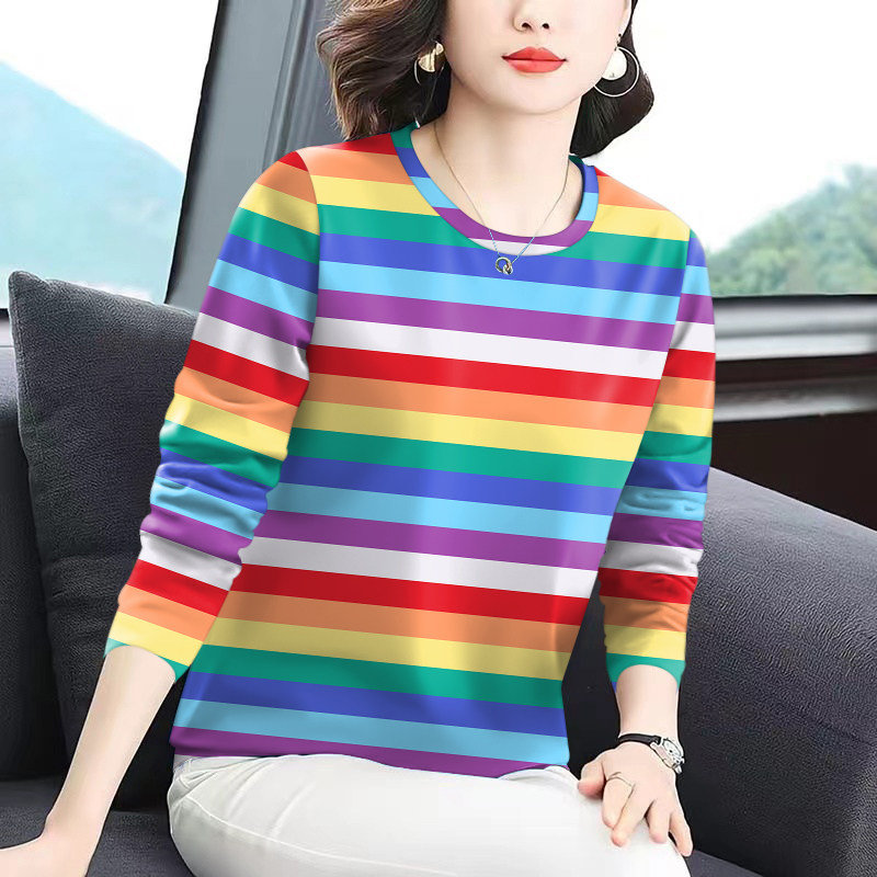 上新~春秋女装薄款条纹长袖圆领t恤女宽松打底衫百搭显瘦遮肚上衣