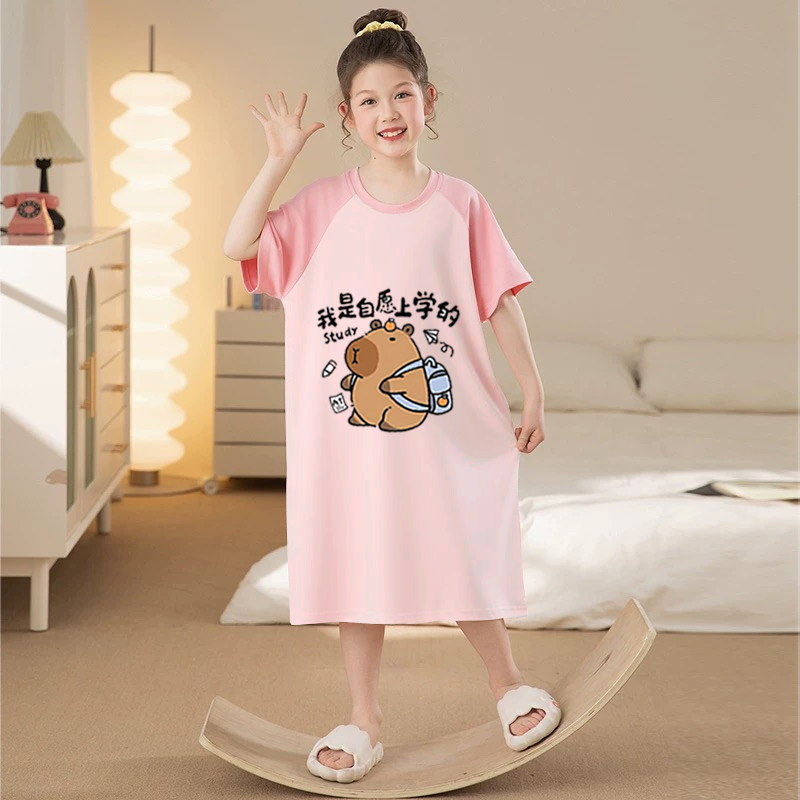 卡皮巴拉新款女童睡裙夏季短袖儿童睡衣女孩公主风中大童家居服