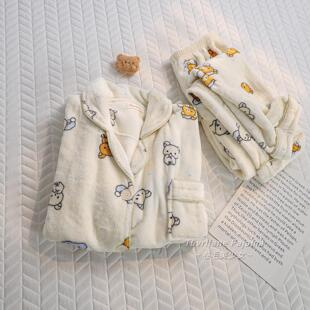 奶乎乎可爱卡通轻松小熊加绒加厚睡衣女冬季新款珊瑚绒保暖家居服