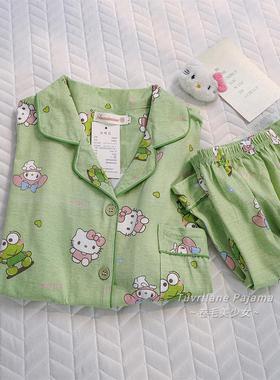 日系绿色休闲风夏季卡通可爱KT猫短袖纯棉睡衣女款学生套装家居服