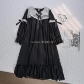 睡裙女士带胸垫家居睡衣 网纱莫代尔长袖 黑色优雅宫廷风春秋季 新款