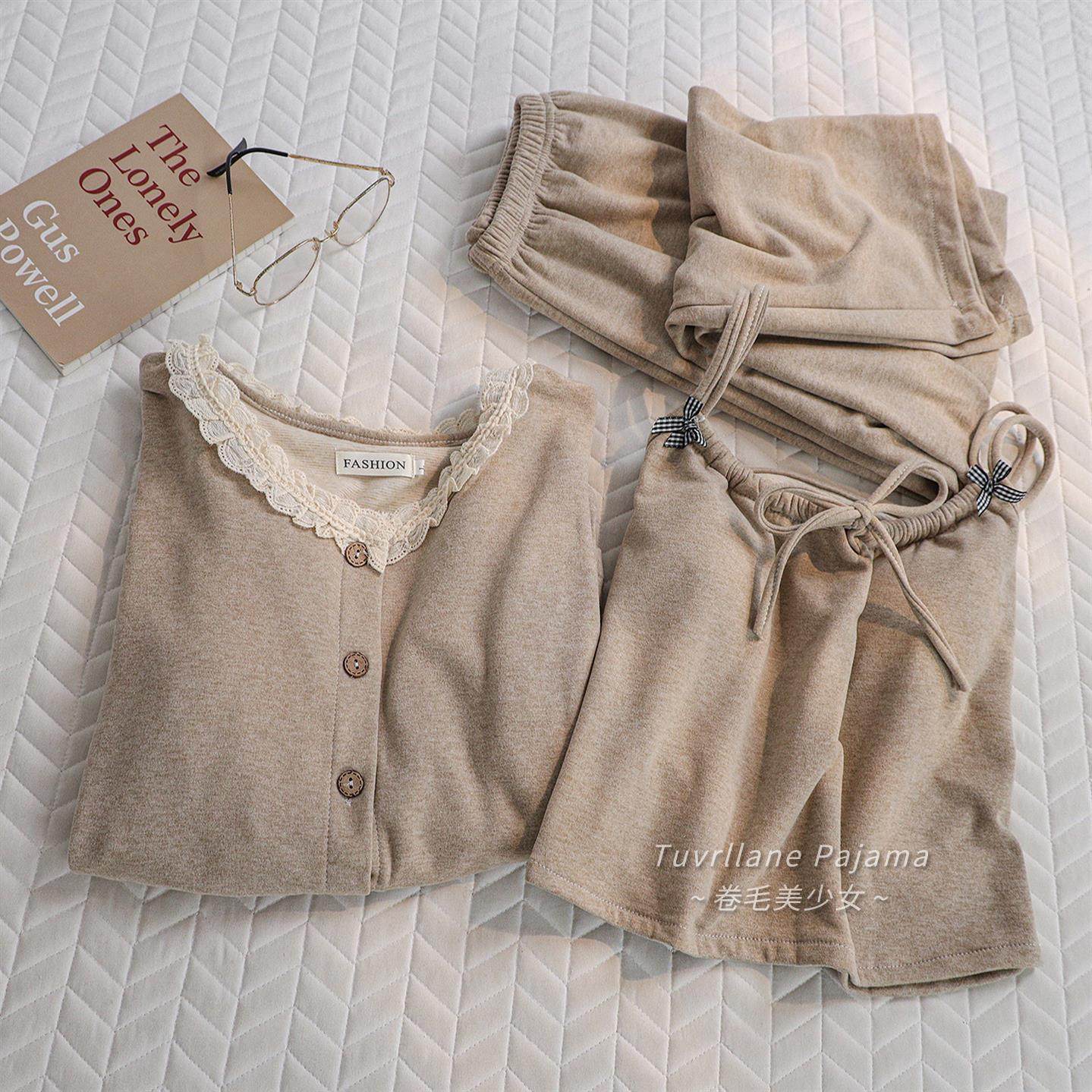 加厚保暖德绒三件套睡衣女2025秋冬季带胸垫长袖新款羊绒家居服