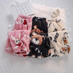 卡通保暖可外穿睡裤女秋冬季加绒加厚珊瑚绒家居遛弯休闲风长裤子