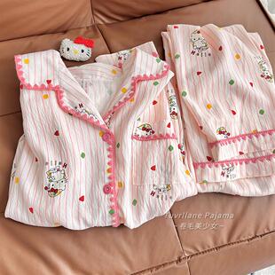 粉条纹卡通凯蒂猫睡衣女2826春秋季长袖新款甜美可爱云朵棉家居服