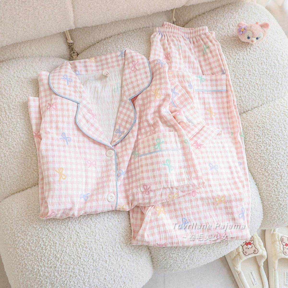 粉格子甜美蝴蝶结带胸垫长袖睡衣女2026春秋季新款韩版家居服套装,女士内衣/男士内衣/家居服,睡衣/家居服套装,淘宝优惠券,粉丝福利购,淘宝优惠卷