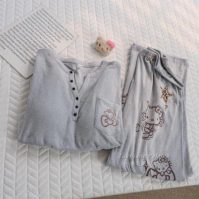 可外穿带胸垫保暖双面德绒睡衣少女春秋冬季新款HelloKitty家居服