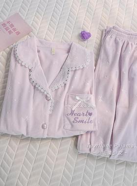 甜美紫色保暖海岛绒睡衣女2025秋冬季新款长袖薄绒质感压花家居服