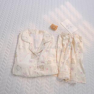 可爱轻松小熊夏季冰丝短袖睡衣女带胸垫套装少女风软妹卡通家居服