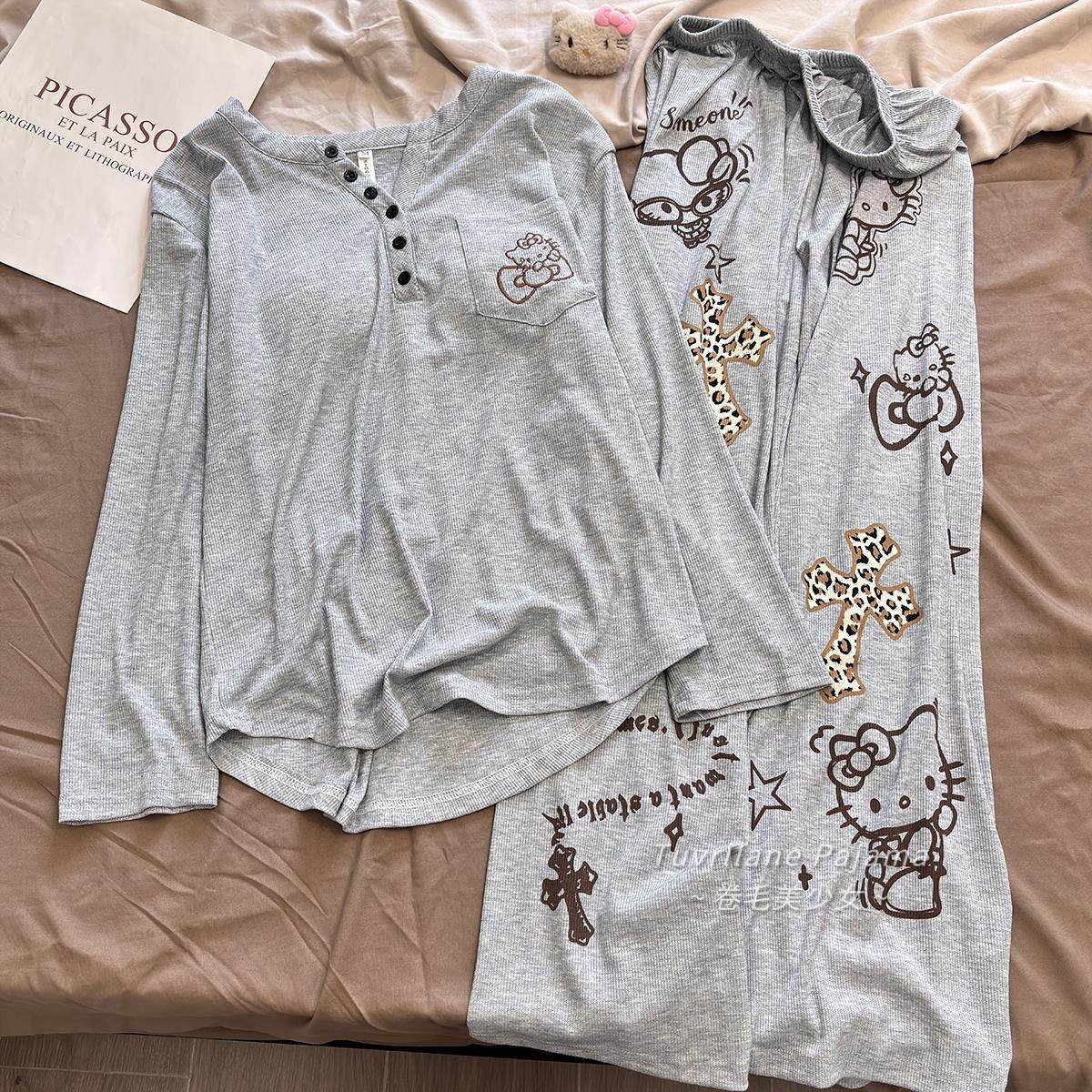 可外穿带胸垫长袖睡衣女2026春秋新款慵懒风卡通凯蒂猫家居服套装