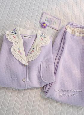 紫色提花蝴蝶空气棉夹层长袖睡衣女秋冬季新款甜美花朵家居服套装