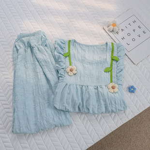 ins静谧蓝甜美花朵公主风春秋季纯棉长袖睡衣女带胸垫套装家居服