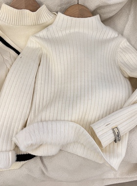 冬款打底衣男童女童白色加绒加厚半高领基础打底毛衣保暖水貂绒