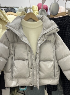 实体店冬装男女童银灰色韩版连帽羽绒服大童潮版拉链羽绒服面包服