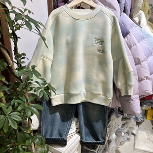 年货款实体新款男童女童绿色晕染圆领长袖卫衣大童加绒卫衣