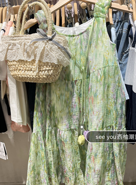 2025夏季新款女童韩版绿色碎花吊带裙中大童洋气连衣裙度假氛围感