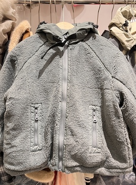 年款大衣男童灰绿色加棉加厚羊羔毛外套大童连帽帅气大衣