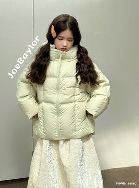 实体店冬装新女童韩版黄绿色连帽短款羽绒服方块大童面包服乔贝乐