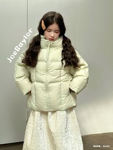 实体店冬装新女童韩版黄绿色连帽短款羽绒服方块大童面包服乔贝乐