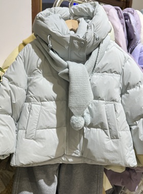 实体冬装新款女童韩版浅蓝色连帽羽绒服外套带围巾