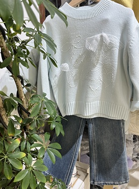 冬装新款女童绿色圆领立体蝴蝶结含羊毛针织毛衣中大童韩版毛衣