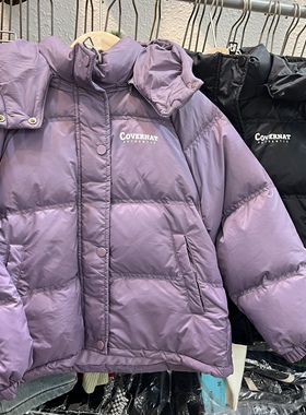 冬款童装男童女童黑色韩国紫连帽短款羽绒服中大童保暖外套