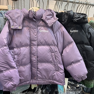 冬款童装男童女童黑色韩国紫连帽短款羽绒服中大童保暖外套