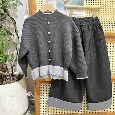 韩货冬装新款女童韩版加厚一体绒拼接蕾丝花边针织半高领毛衣