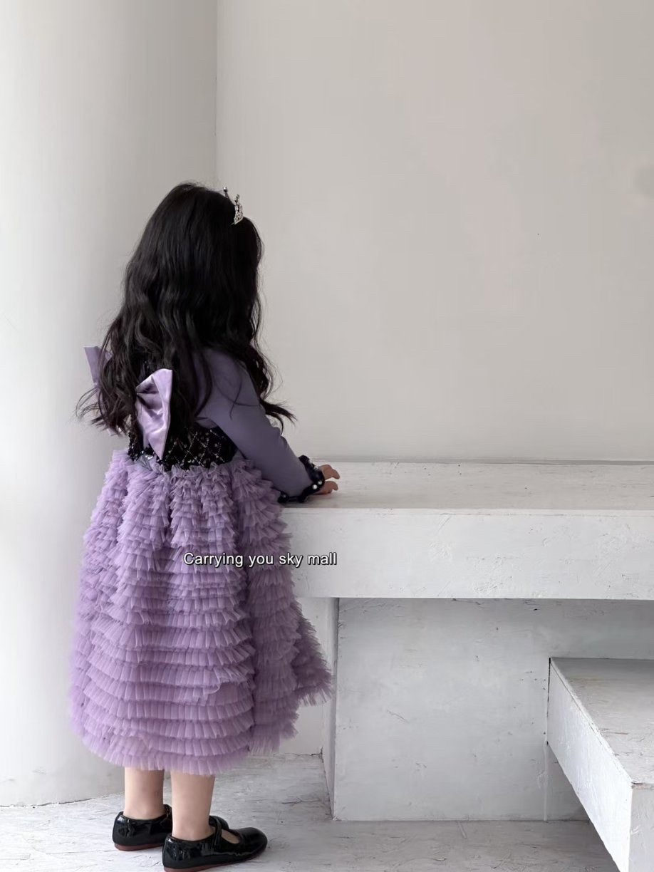 年款女童公主裙洋气高端女孩紫色生日礼服背心连衣裙蛋糕裙套装