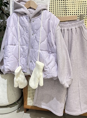 韩货冬装新款女童紫色韩版加绒马甲直筒裤拉链卫衣外套三件套