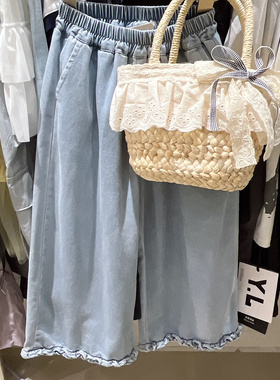 2025夏季新款女童韩版木耳花边牛仔浅蓝色直筒裤牛仔裤miko