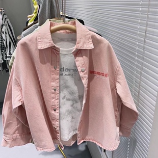 2024春款童装男童女童浅粉色牛仔外套中大童牛仔衬衫品牌衬衣