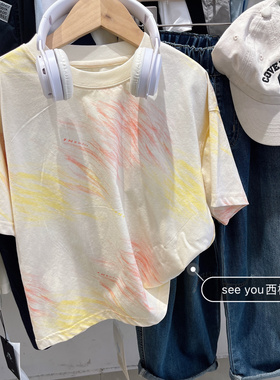 2025夏季新款男童女童韩版黄色系烟花晕染短袖T恤大童短袖T恤