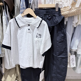 2026夏装新款女童灰色kt猫咪短袖T恤中大童Polo衫短袖翻领T恤