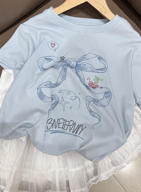 韩版夏装女童浅蓝色小版短袖T恤甜美百搭短袖T恤中大童