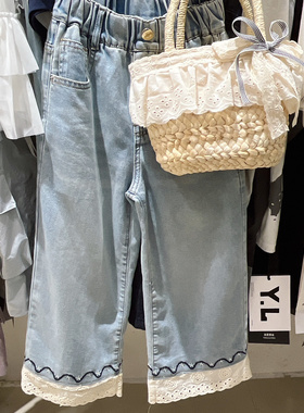 2025夏季新款女童韩版蕾丝拼接牛仔裤中大童浅蓝色牛仔裤直筒裤
