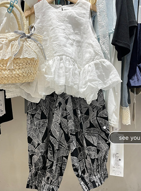 2025夏季新款女童韩版白色蕾丝花朵无袖衬衫薄款裤子两件套套装