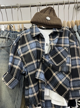 秋冬新款童装男童女童蓝色拼咖色加厚格子衬衫中大童韩货衬衣叠穿